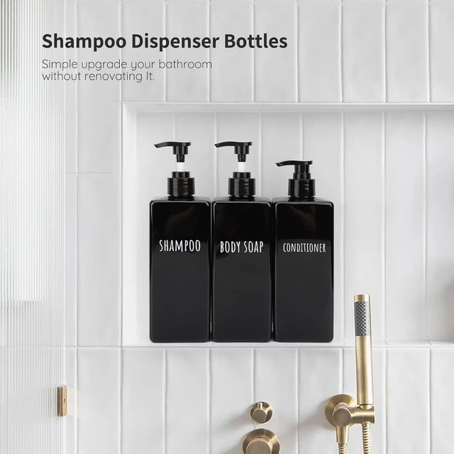 Alt view image 2 of 7 - Black Square Plastic Refillable Pump Bottles Set for Shampoo Conditioner Body Wash Lotion Gel