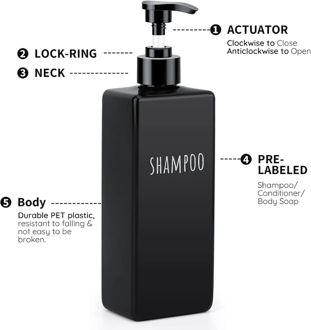 Alt view image 3 of 7 - Black Square Plastic Refillable Pump Bottles Set for Shampoo Conditioner Body Wash Lotion Gel