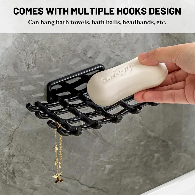 Alt view image 3 of 7 - No Drill Installation, Wall-Mounted Adhesive Soap Dish with Self-Draining Grid and Side Hooks
