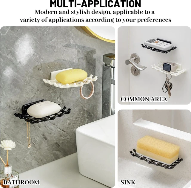 Alt view image 5 of 7 - No Drill Installation, Wall-Mounted Adhesive Soap Dish with Self-Draining Grid and Side Hooks