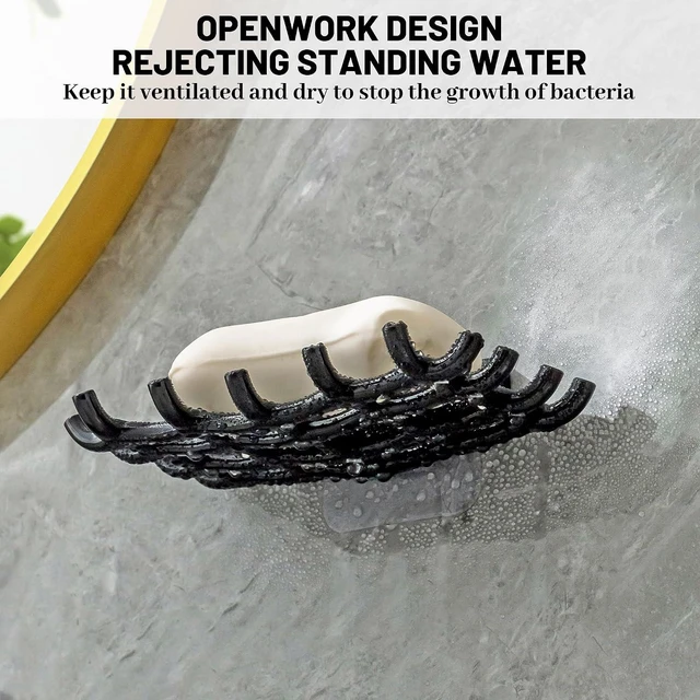 Alt view image 6 of 7 - No Drill Installation, Wall-Mounted Adhesive Soap Dish with Self-Draining Grid and Side Hooks