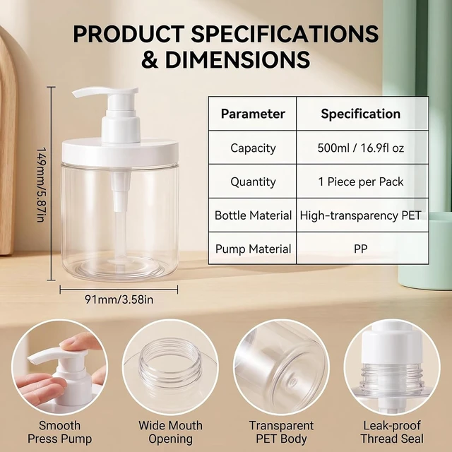 Alt view image 2 of 7 - Shampoo & Conditioner - Wide Mouth Refillable Plastic Lotion Container for Bathroom Shower, Transparent Pump Dispenser Bottle for Soap
