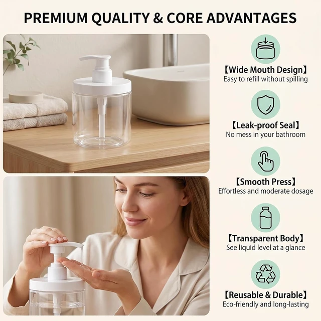 Alt view image 3 of 7 - Shampoo & Conditioner - Wide Mouth Refillable Plastic Lotion Container for Bathroom Shower, Transparent Pump Dispenser Bottle for Soap