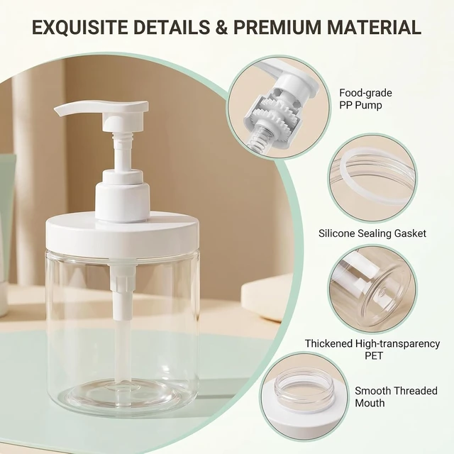 Alt view image 4 of 7 - Shampoo & Conditioner - Wide Mouth Refillable Plastic Lotion Container for Bathroom Shower, Transparent Pump Dispenser Bottle for Soap