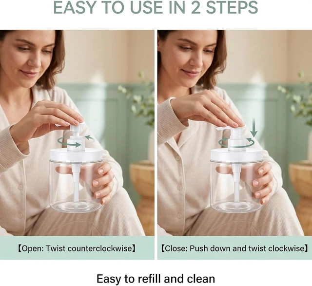 Alt view image 5 of 7 - Shampoo & Conditioner - Wide Mouth Refillable Plastic Lotion Container for Bathroom Shower, Transparent Pump Dispenser Bottle for Soap