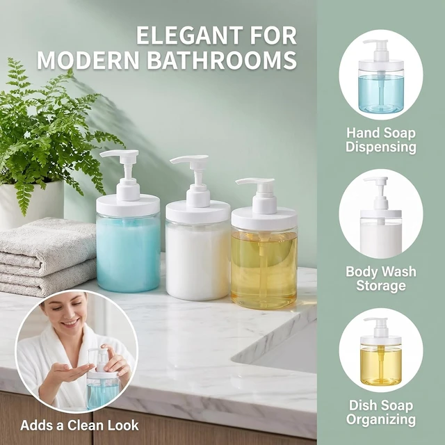 Alt view image 6 of 7 - Shampoo & Conditioner - Wide Mouth Refillable Plastic Lotion Container for Bathroom Shower, Transparent Pump Dispenser Bottle for Soap