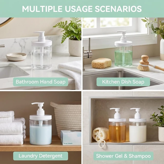 Alt view image 7 of 7 - Shampoo & Conditioner - Wide Mouth Refillable Plastic Lotion Container for Bathroom Shower, Transparent Pump Dispenser Bottle for Soap