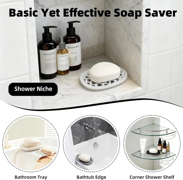 Alt view image 3 of 7 - Self-Draining Bar Soap Holder for Bathroom Sink and Shower Shelf, Double Pack Non-Slip Silicone Soap Dish with Drainage Holes