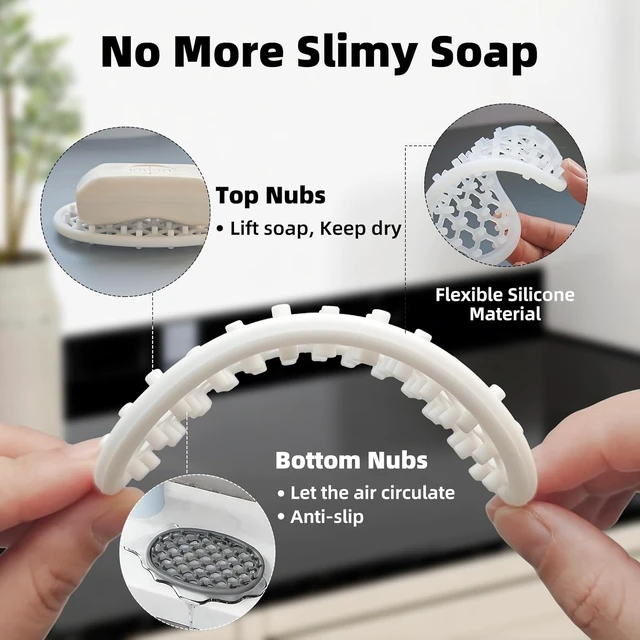 Alt view image 4 of 7 - Self-Draining Bar Soap Holder for Bathroom Sink and Shower Shelf, Double Pack Non-Slip Silicone Soap Dish with Drainage Holes