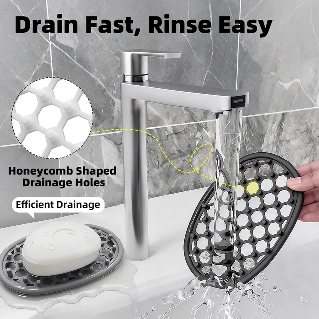 Alt view image 5 of 7 - Self-Draining Bar Soap Holder for Bathroom Sink and Shower Shelf, Double Pack Non-Slip Silicone Soap Dish with Drainage Holes