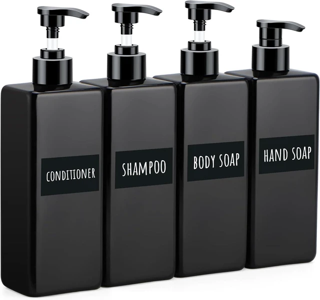 Main image of Empty Plastic Bottles for Bathroom Shampoo Conditioner Body Soap Lotion Hand Wash Dish Soap with Labels, Black Refillable Pump Dispenser Set