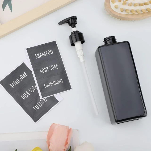 Alt view image 2 of 7 - Empty Plastic Bottles for Bathroom Shampoo Conditioner Body Soap Lotion Hand Wash Dish Soap with Labels, Black Refillable Pump Dispenser Set