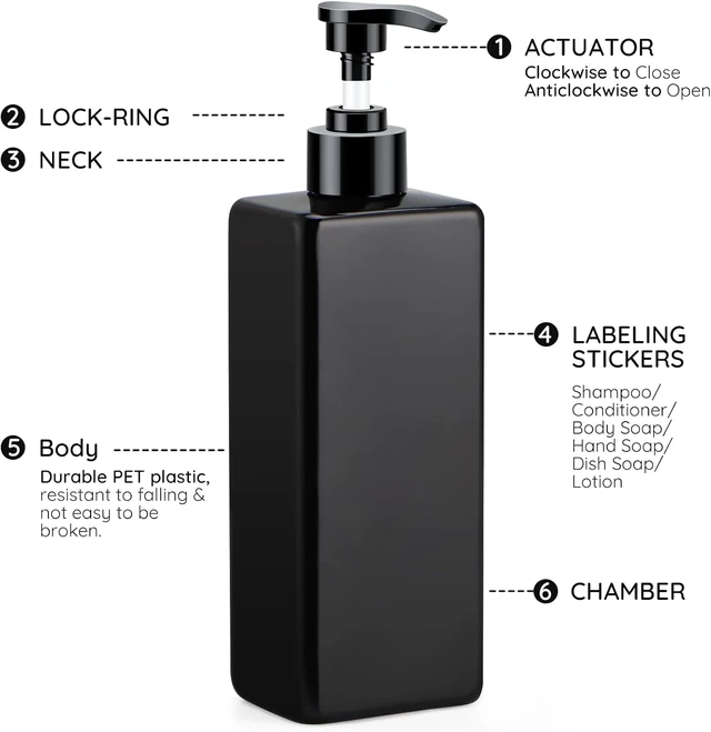 Alt view image 3 of 7 - Empty Plastic Bottles for Bathroom Shampoo Conditioner Body Soap Lotion Hand Wash Dish Soap with Labels, Black Refillable Pump Dispenser Set