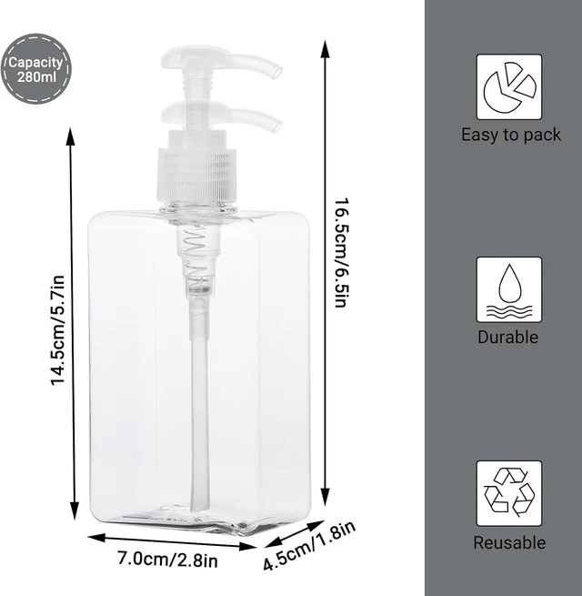 Alt view image 2 of 7 - Lotion, Soap Liquid, Essential Oil, Refillable Square Empty Bathroom Bottles for Body Wash, Suream Clear Plastic Pump Dispensers for Shower