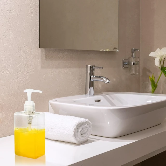 Alt view image 3 of 7 - Lotion, Soap Liquid, Essential Oil, Refillable Square Empty Bathroom Bottles for Body Wash, Suream Clear Plastic Pump Dispensers for Shower