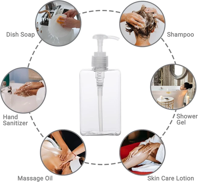 Alt view image 4 of 7 - Lotion, Soap Liquid, Essential Oil, Refillable Square Empty Bathroom Bottles for Body Wash, Suream Clear Plastic Pump Dispensers for Shower