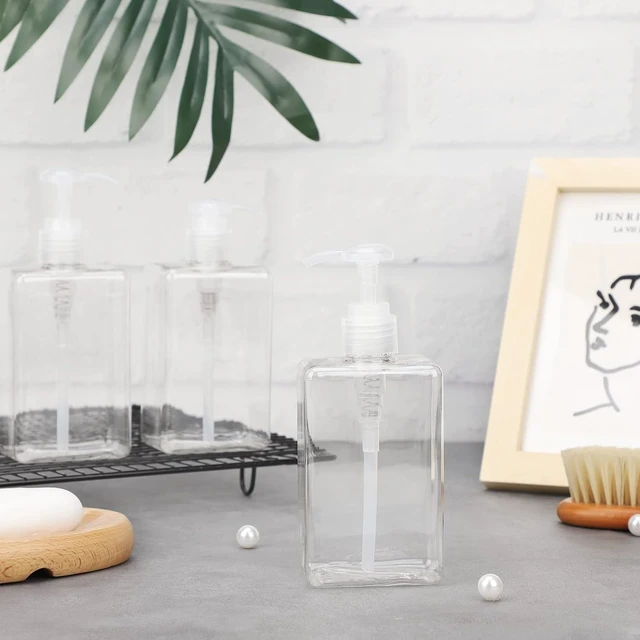 Alt view image 5 of 7 - Lotion, Soap Liquid, Essential Oil, Refillable Square Empty Bathroom Bottles for Body Wash, Suream Clear Plastic Pump Dispensers for Shower
