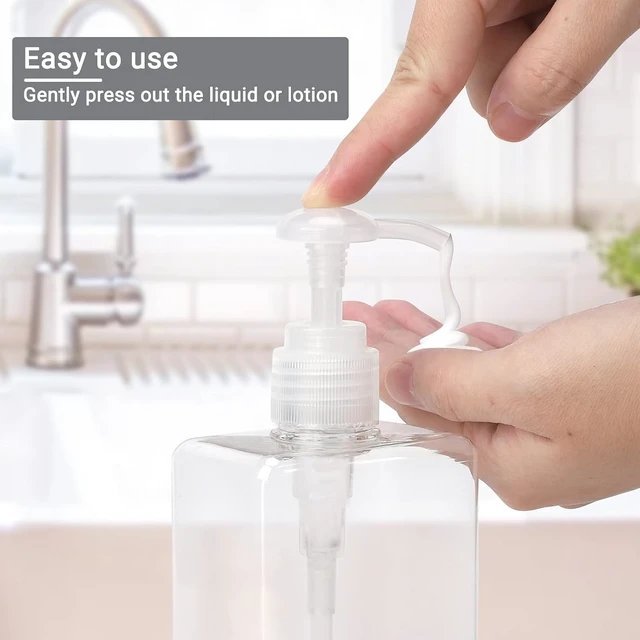 Alt view image 7 of 7 - Lotion, Soap Liquid, Essential Oil, Refillable Square Empty Bathroom Bottles for Body Wash, Suream Clear Plastic Pump Dispensers for Shower