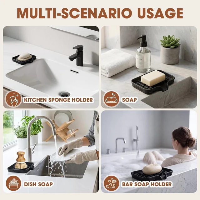 Alt view image 5 of 7 - Sink Organizer, Kitchen Counter Sponge Holder, Double Silicone Soap Tray with Drainage Holes - Bathroom Shower Caddy