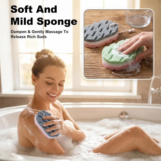 Alt view image 3 of 7 - Body Exfoliating Shower Loofahs, Reusable 3-Layer Soft Bath Sponges with Hanging Straps