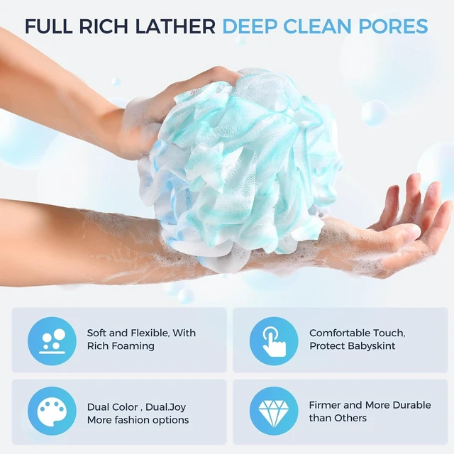 Alt view image 3 of 7 - Rich Lather, Soft Mesh Body Scrubber with Reinforced Knot, XL Exfoliating Bath Loofah Puff Set for Women and Men