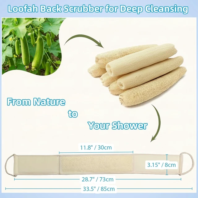 Alt view image 2 of 6 - Exfoliating Back Washer with Cotton Cloth & Rope Handles - Long Handle Deep Cleansing Tool for Men and Women, Organic Loofah Body Scrubber for Shower