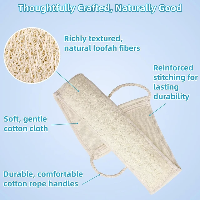 Alt view image 3 of 6 - Exfoliating Back Washer with Cotton Cloth & Rope Handles - Long Handle Deep Cleansing Tool for Men and Women, Organic Loofah Body Scrubber for Shower