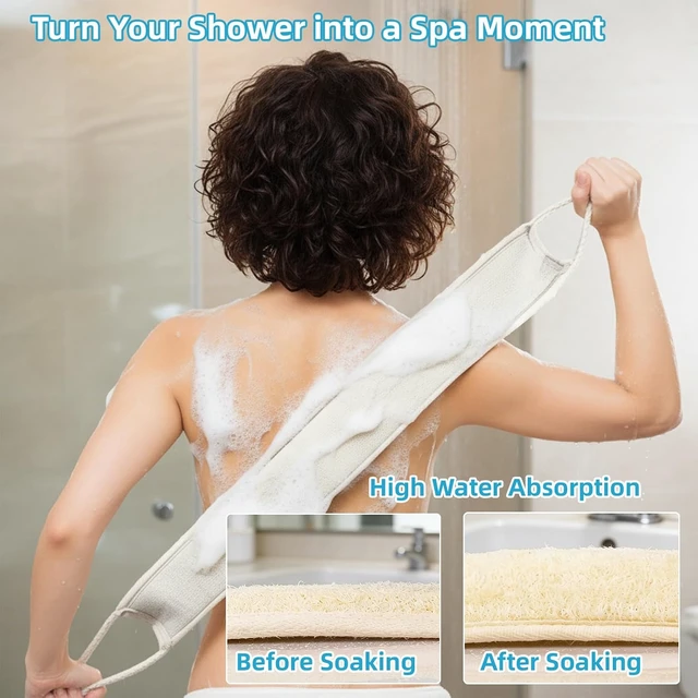 Alt view image 4 of 6 - Exfoliating Back Washer with Cotton Cloth & Rope Handles - Long Handle Deep Cleansing Tool for Men and Women, Organic Loofah Body Scrubber for Shower