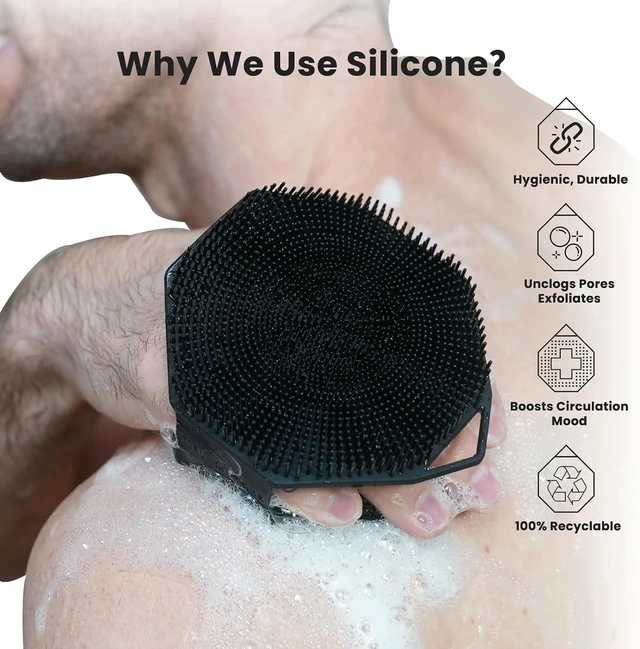Alt view image 3 of 6 - Ergonomic No-Slip Handle Buffer Brush for Men and Women All Skin Types Easy to Clean, iTokGoK® Premium Silver-Infused Dual-Sided 2-in-1 Silicone Body Scrubber for Shower