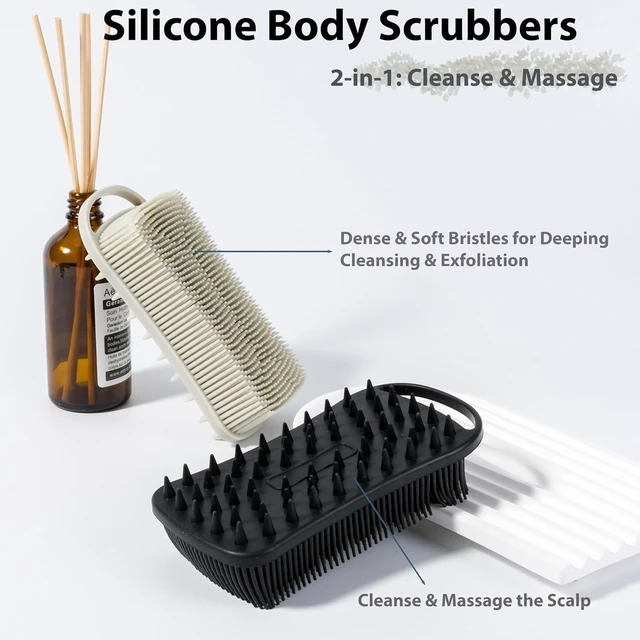 Alt view image 4 of 7 - Easy to Clean, Shower Scalp Massager with Rich Lather, 2-in-1 Exfoliating Bath Loofah for Sensitive Skin, Dual Silicone Body Scrubber Set