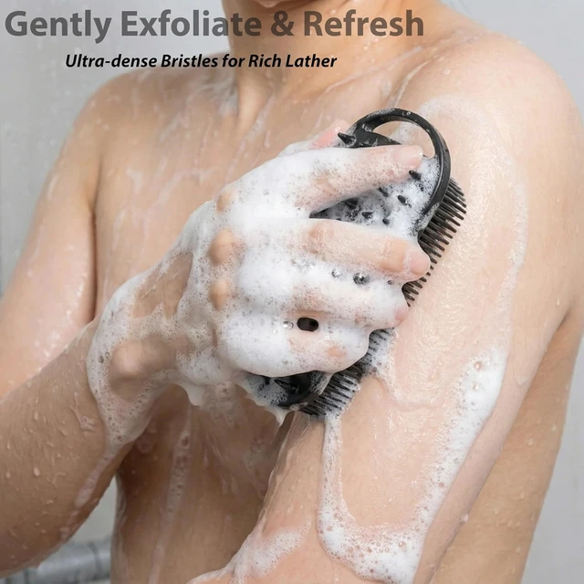 Alt view image 5 of 7 - Easy to Clean, Shower Scalp Massager with Rich Lather, 2-in-1 Exfoliating Bath Loofah for Sensitive Skin, Dual Silicone Body Scrubber Set