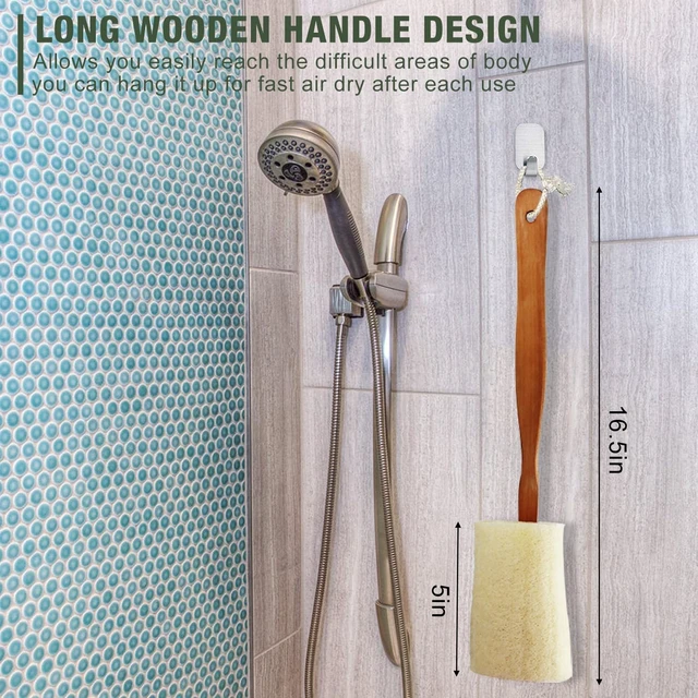Alt view image 3 of 7 - Deep Cleansing Bath Sponge for Back Exfoliation and Skin Revitalization, Natural Loofah Body Scrubber with Long Wooden Handle
