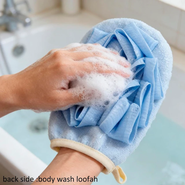 Alt view image 4 of 4 - Double Sided Bath Exfoliating Gloves with Loofah Sponge and Frosted Texture for Dead Skin Removal
