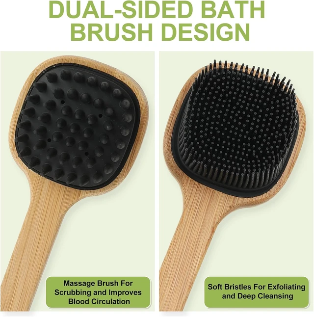 Alt view image 3 of 7 - Exfoliating Back Washer for Shower, Dual-Sided Bath Loofah Brush with Hook, Long Handle Silicone Body Scrubber