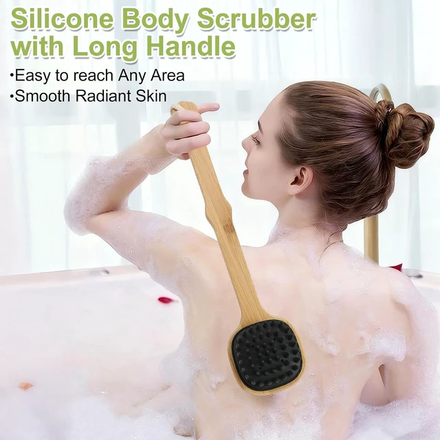 Alt view image 5 of 7 - Exfoliating Back Washer for Shower, Dual-Sided Bath Loofah Brush with Hook, Long Handle Silicone Body Scrubber