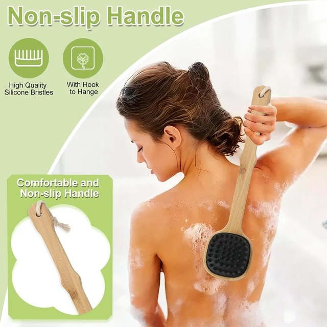 Alt view image 6 of 7 - Exfoliating Back Washer for Shower, Dual-Sided Bath Loofah Brush with Hook, Long Handle Silicone Body Scrubber