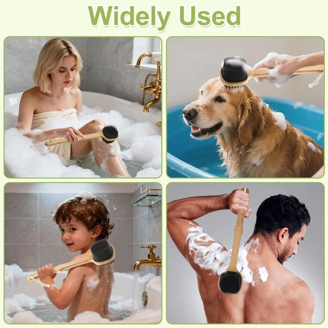 Alt view image 7 of 7 - Exfoliating Back Washer for Shower, Dual-Sided Bath Loofah Brush with Hook, Long Handle Silicone Body Scrubber