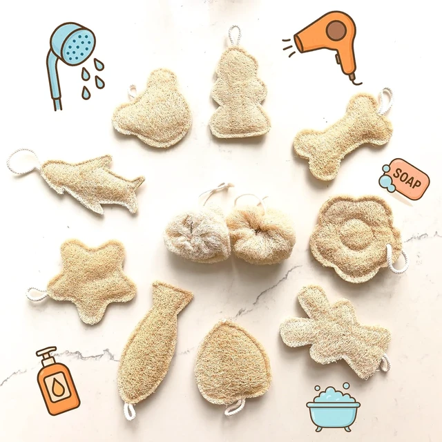 Alt view image 6 of 6 - Suitable for All Hand Sizes, Eco-Friendly Dye-Free Luffa Scrubber with Cute Cartoon Shapes, Plant-Based Natural Loofah Shower Sponge for Body Exfoliation
