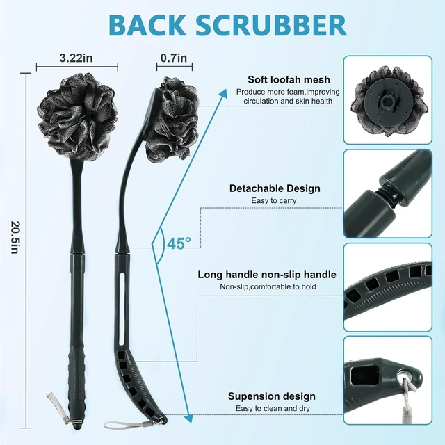 Alt view image 2 of 6 - Refillable Body Scrubber for Exfoliation and Skin Care, Long Handled Bath Sponge with Hanging Loop