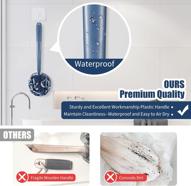 Alt view image 2 of 7 - Exfoliating Body Scrubber and Soft Mesh Shower Puff, Loofah Sponge Set with Anti-Slip Long Handle