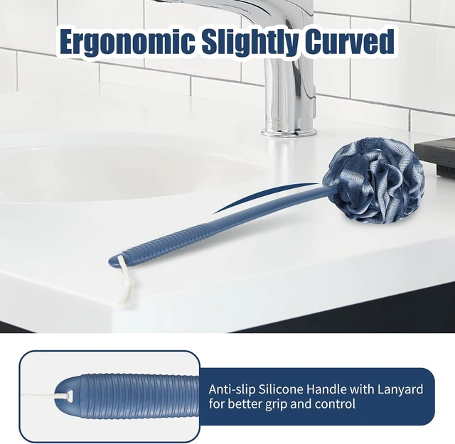 Alt view image 3 of 7 - Exfoliating Body Scrubber and Soft Mesh Shower Puff, Loofah Sponge Set with Anti-Slip Long Handle