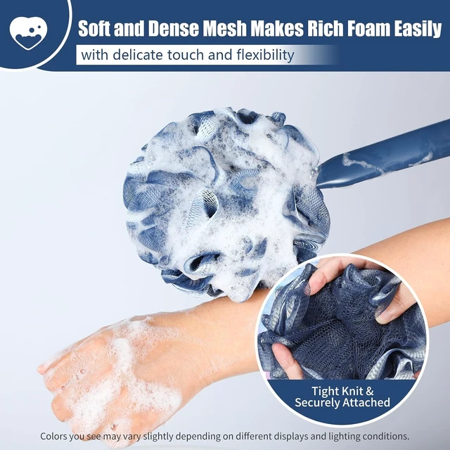 Alt view image 5 of 7 - Exfoliating Body Scrubber and Soft Mesh Shower Puff, Loofah Sponge Set with Anti-Slip Long Handle