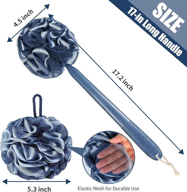 Alt view image 6 of 7 - Exfoliating Body Scrubber and Soft Mesh Shower Puff, Loofah Sponge Set with Anti-Slip Long Handle