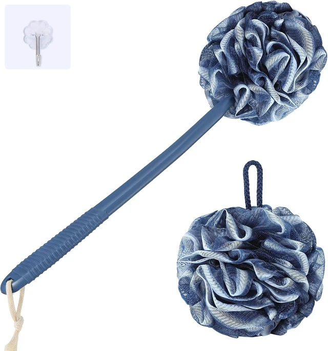 Main image of Exfoliating Body Scrubber and Soft Mesh Shower Puff, Loofah Sponge Set with Anti-Slip Long Handle