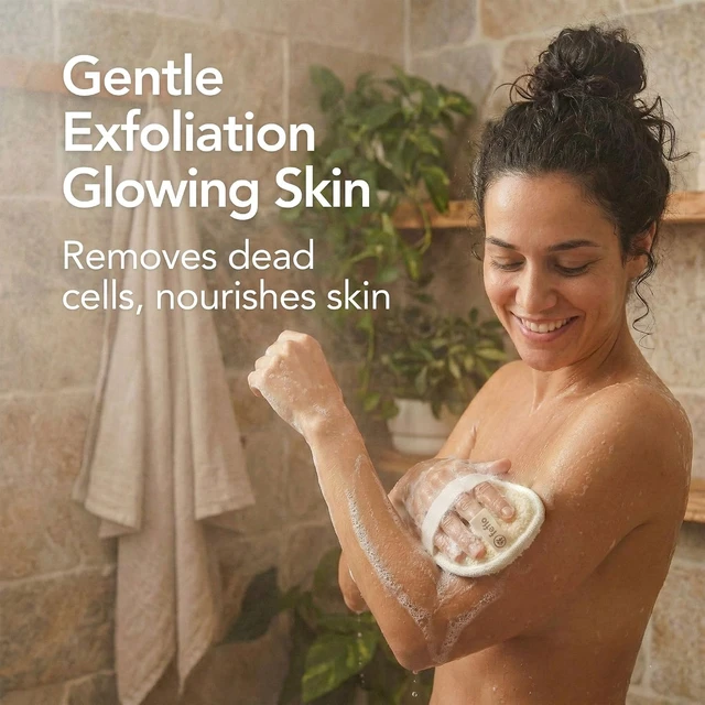 Alt view image 2 of 7 - Shower Scrubber Pad for Women Men & Kids, Natural Loofah Body Exfoliator with Handle