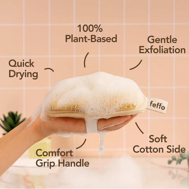 Alt view image 4 of 7 - Shower Scrubber Pad for Women Men & Kids, Natural Loofah Body Exfoliator with Handle