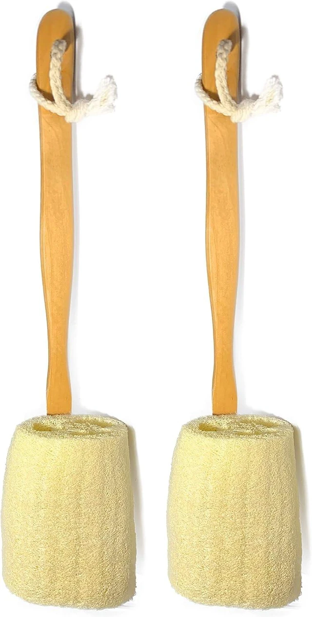 Main image of Natural Luffa Loofah Bath Brush with Long Wooden Handle - Back Scrubber Shower Sponge for Men and Women