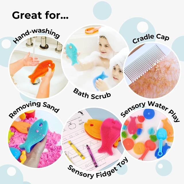 Alt view image 5 of 7 - Quick-Dry Food-Grade Material, Toddlers & Adults - Double-Sided Fish Design for Gentle Face and Body Exfoliation, Smart Silicone Bath Scrubber for Infants