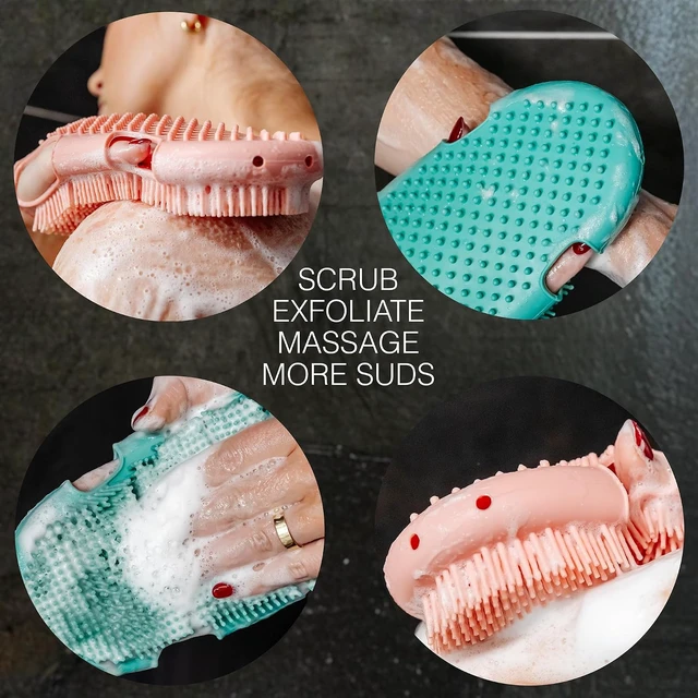Alt view image 2 of 7 - Back & Sensitive Skin - Durable Loofah Alternative, Silicone Body Scrubber Glove with Shower Hooks - Gentle Exfoliator for Face