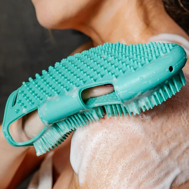 Alt view image 4 of 7 - Back & Sensitive Skin - Durable Loofah Alternative, Silicone Body Scrubber Glove with Shower Hooks - Gentle Exfoliator for Face